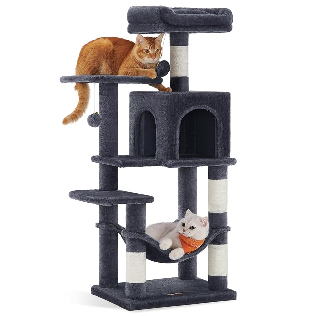 Feandrea Árbol para Gatos, Altura 112 cm, Torre de Gatos, con 4 Postes Rascadores, 2 Plataformas, 1 Cueva