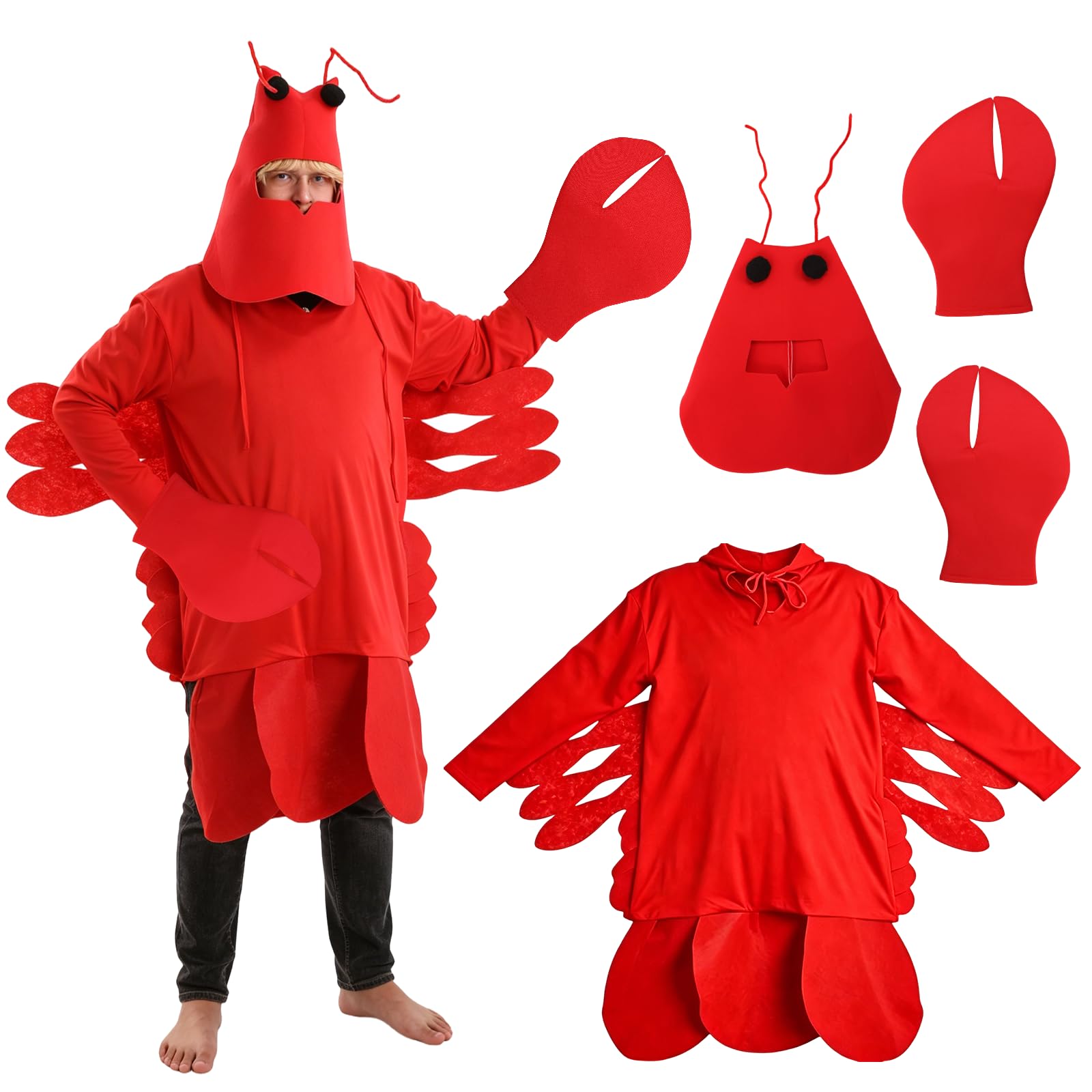 nezafly Adult Lobster Costume Red Sea Creature Onesie Suit Attached Lobster Headpiece Claw Gloves Unisex Animal Cosplay Outfit Fancy Dress for Halloween Carnival Party