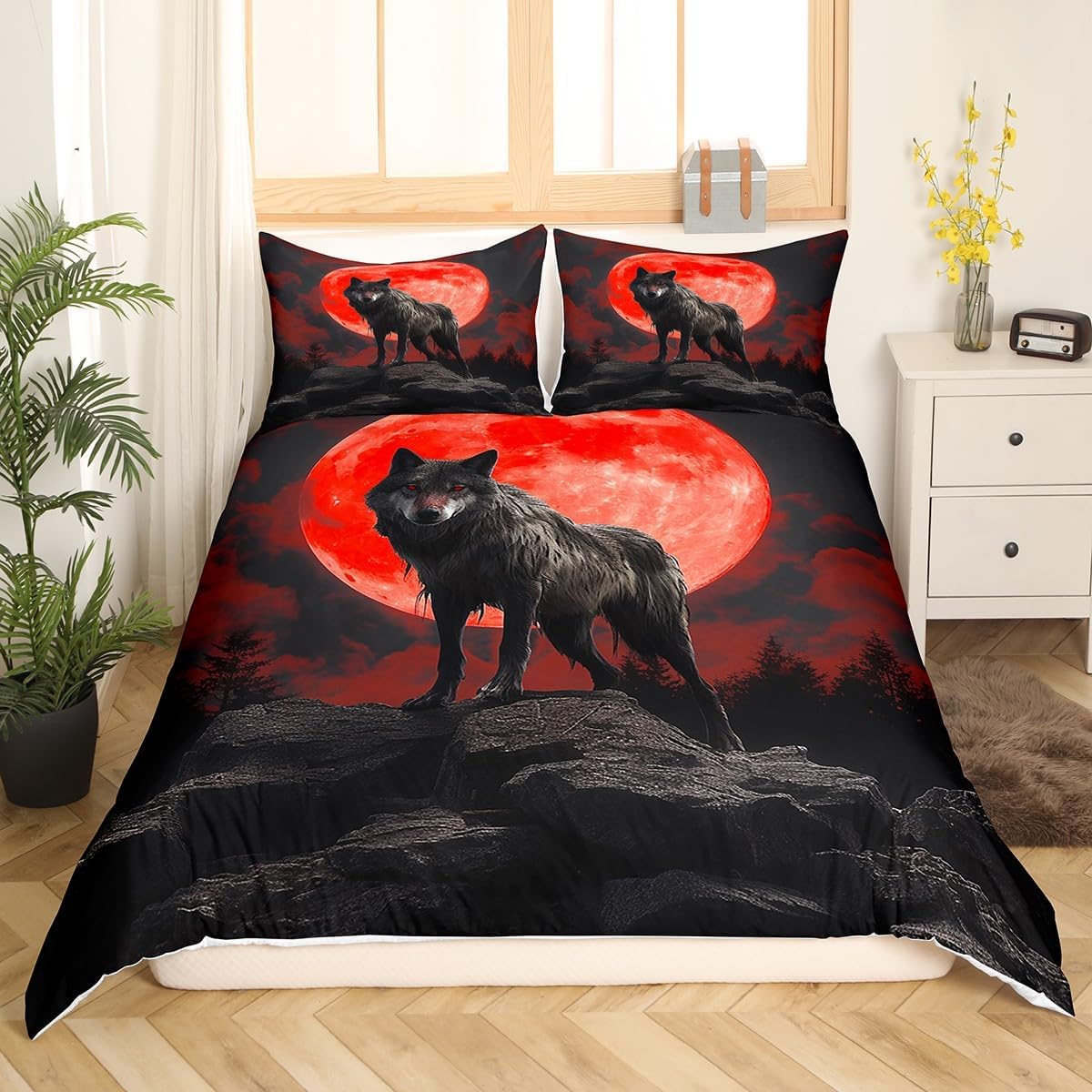 Wolf Pattern Duvet Cover Queen Size,Red Moon Comforter Cover with 2 Pillowcase for Teens Adults,Kids Wild Animals Bedding Set,Wolf Eyes Breathable 3 Pcs Decorative Bed Cover(No Comforter)