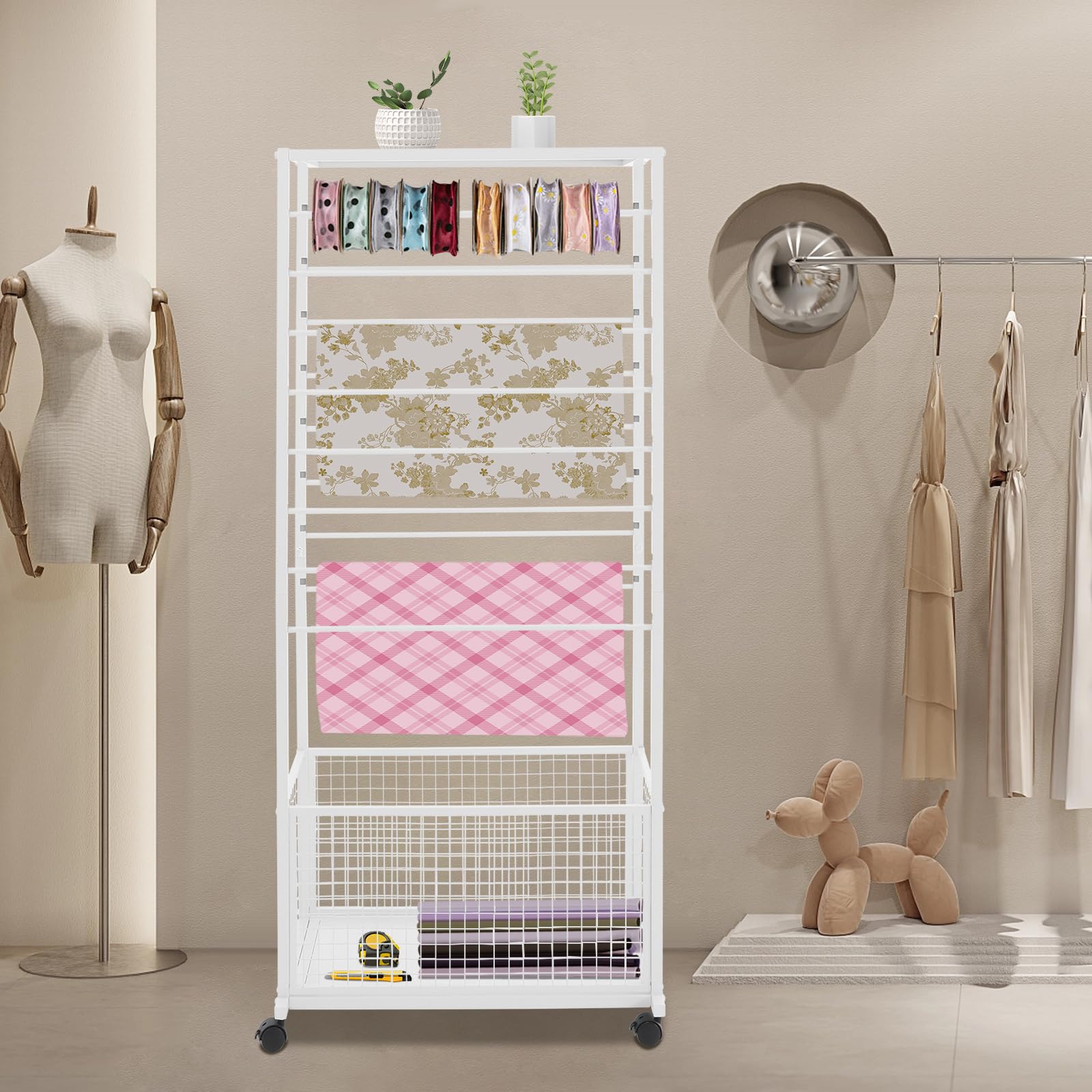 Purptarol Ribbon Holder Organizer Rack,Double-Sided 16-TierRibbon Display Stand with Storage Basket and Wheels,Multifunctional Flower Wrapping Paper Storage Stand,for Flower Shops, Craft Rooms (White)