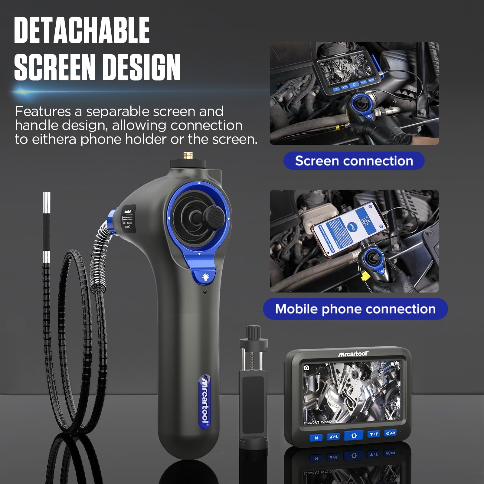 Endoscopio articulado 4 vías 360°,cámara de inspección con monitor de 5" luz, cámara endoscópica con sonda flexible delgada de 6,2 mm y zoom 1-8x endoscopio,pantalla HD desmontable para motor tuberías