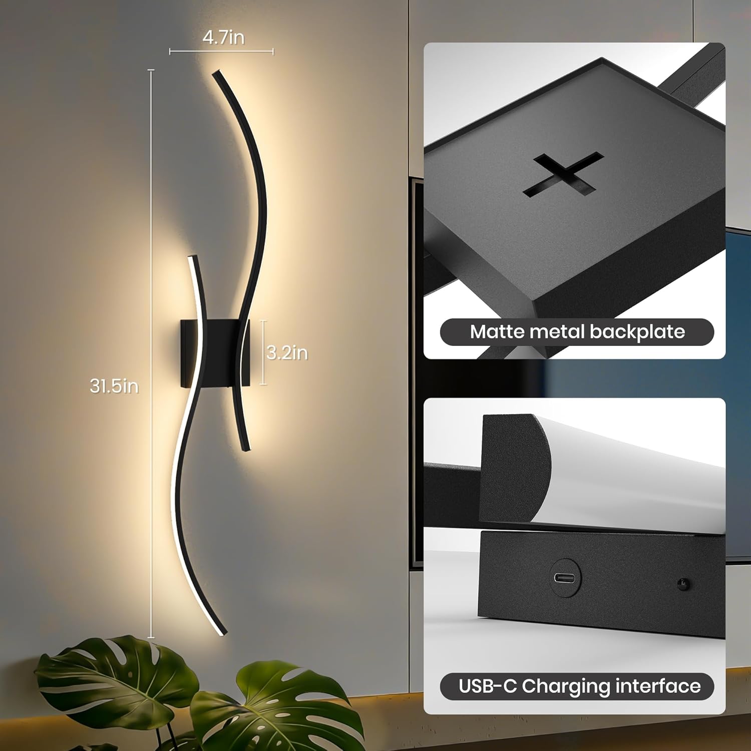 Battery Operated Wall Sconces Set of Two, 10000mAh Rechargeable Modern Wall Lights with Remote Control, Dimmable Black LED Cordless Lighting for Living Room, Bedroom, Hallway, 31.5 Inch, 3CCT