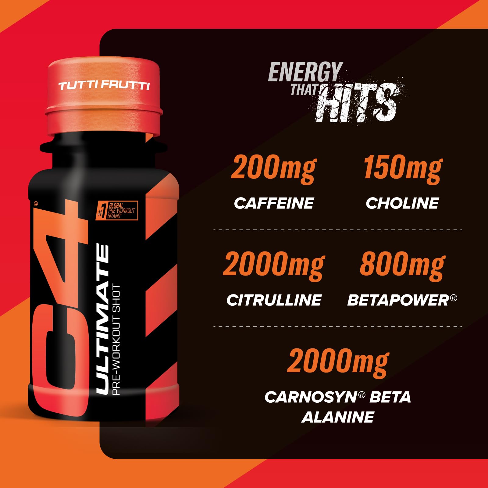 Cellucor C4 Ultimate Pre-Workout Shot | Tutti Frutti Flavour Energy Shots, 12 x 60ml Flaschen | Zuckerfreier Pre-Workout Shot mit 200mg Koffein, 2000mg L-Citrullin, 2000mg Beta Alanin, 800mg Betain