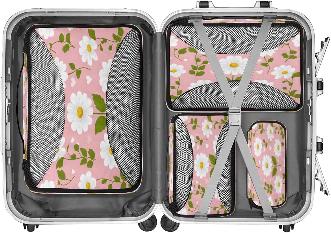 Art Daisy Flowers 4 Set Packing Cubes Packing Cubes for Women Lightweight Travel Essential Bag Clothes Carry on Suitcase Bags for Accessories Essentials