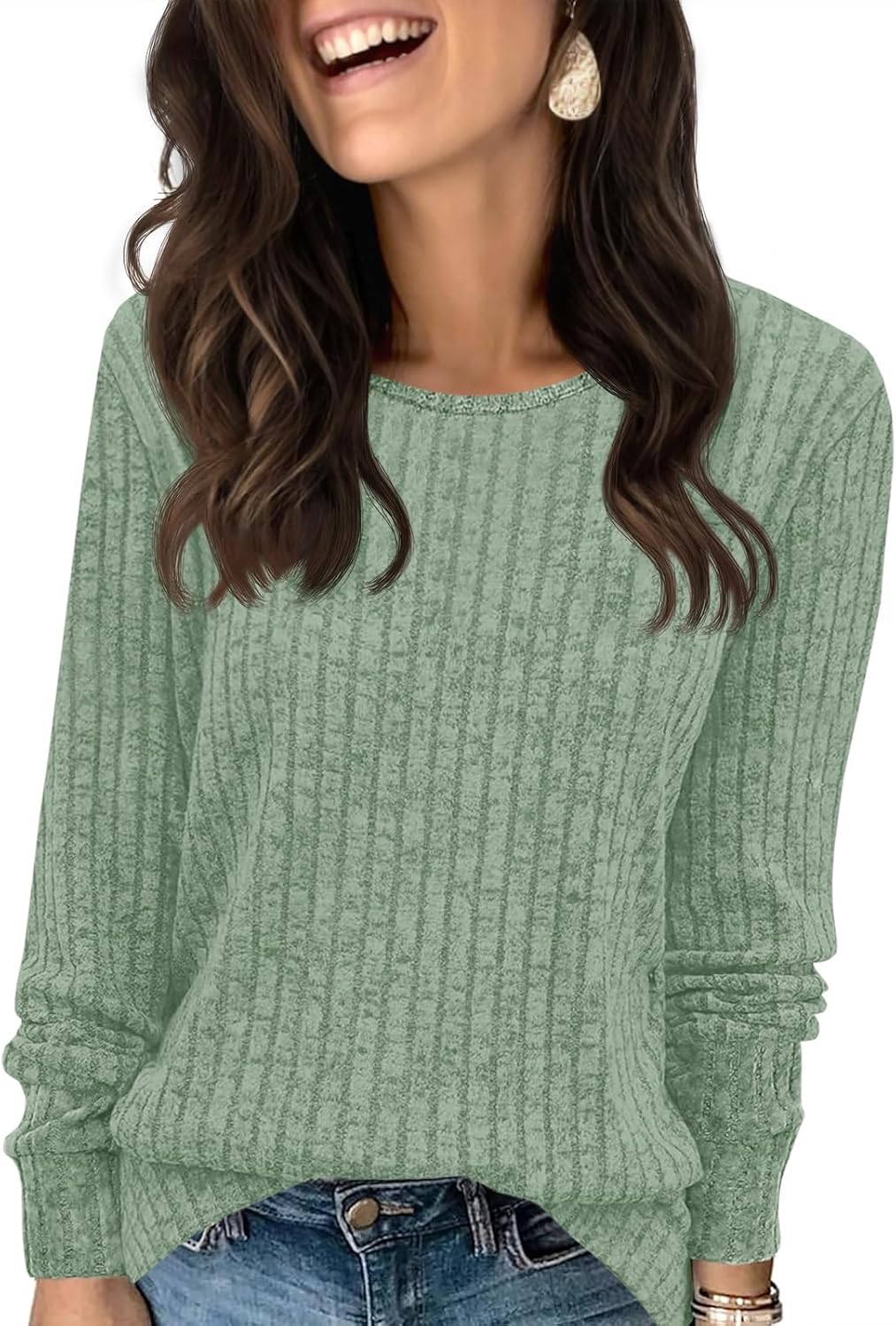 Tankaneo Womens Long Sleeve Sweater Fall 2025 Crew Neck Sweaters Dressy Casual Ribbed Trendy Tops