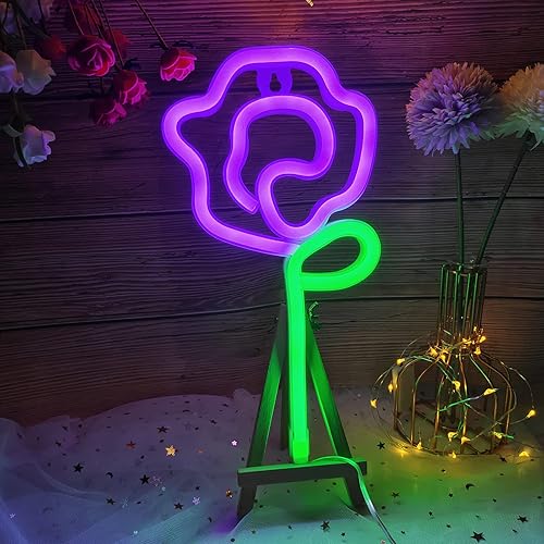 ENUOLI Letreros de neón, luz de neón de flores de rosa, decoración de pared, luz nocturna alimentada por batería o USB, para dormitorio, fiesta,