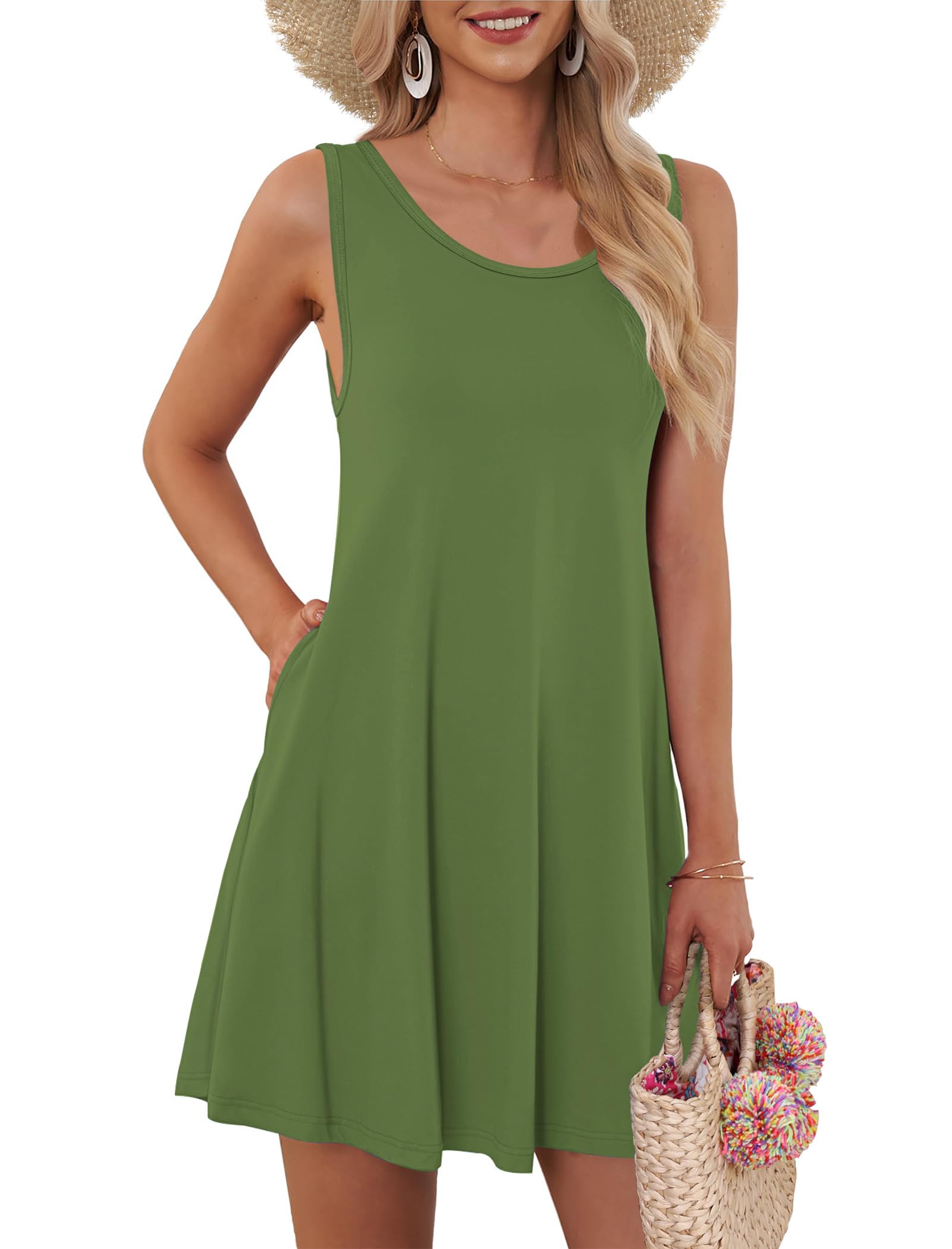 AUSELILY Beach Dresses for Women UK Mini Sleeveless Summer Dress with Pocket Army Green 2XL