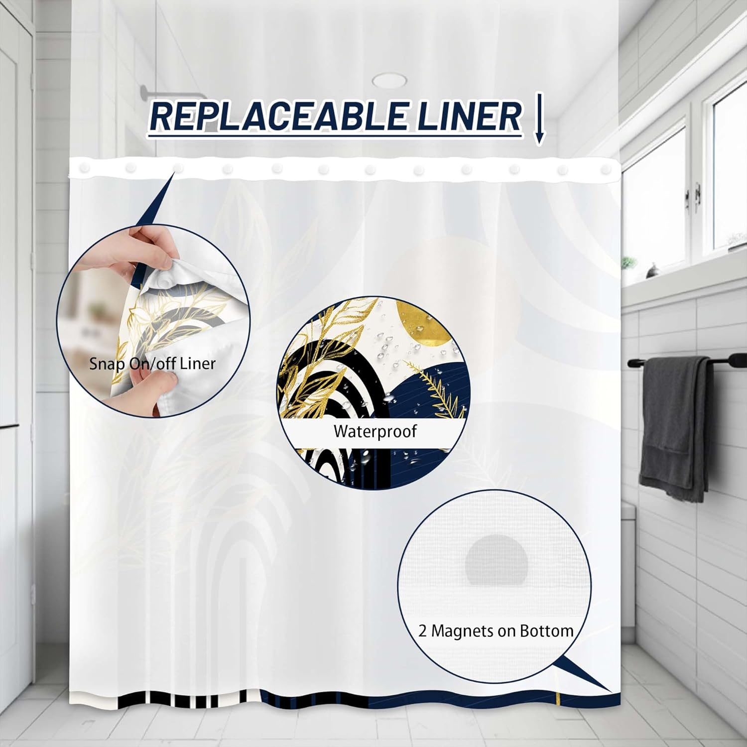Boho Mid Century Modern Hookless Shower Curtain with Snap in Liner, Navy Blue and Gold No Hook Double Layer Shower Curtains and Liner Set, Waterproof Cloth Fabric, 71" W X 86" L