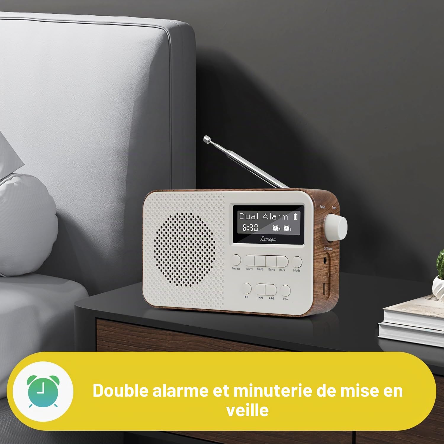 PR2-Max Radio numérique Dab Portable (Dab+,FM, Bluetooth 5.3,Batterie Rechargeable,Double Réveil,Snooze,40 Présélections,Minuterie de Mise en Veille,Petit) Idéale pour Cuisine ou Déplacement, Walnut