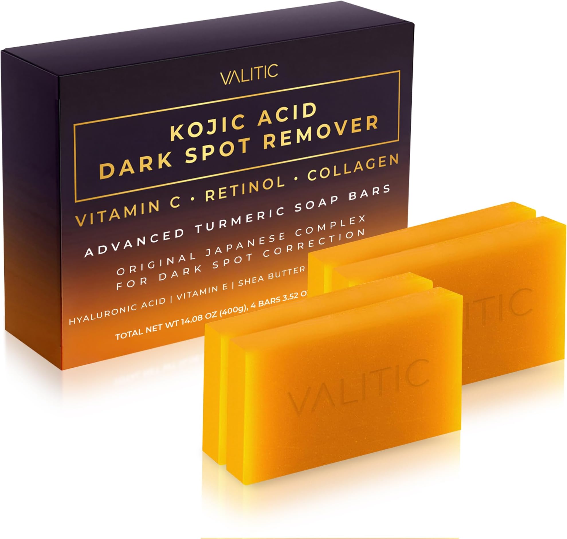 VALITIC Kojic Acid Dark Spot Remover Soap Bars with Vitamin C, Retinol, Collagen, Turmeric - Original Japanese Complex Infused Hyaluronic Acid, E, Shea Butter, Castile Olive Oil (4 Pack)