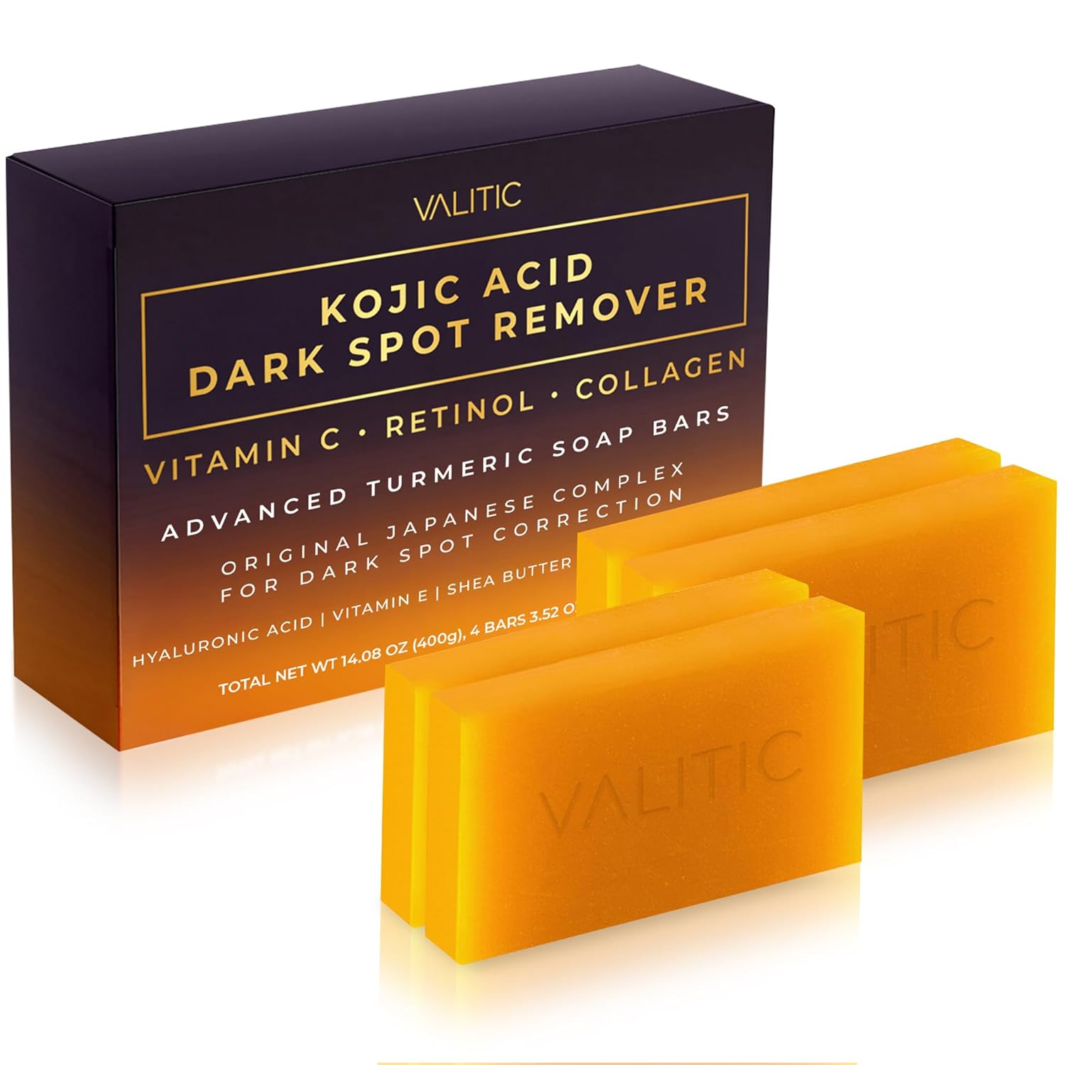 VALITIC Kojic Acid Dark Spot Remover Soap Bars with Vitamin C, Retinol, Collagen, Turmeric – Original Japanese Complex Infused Hyaluronic Acid, E, Shea Butter, Castile Olive Oil (4 Pack)
