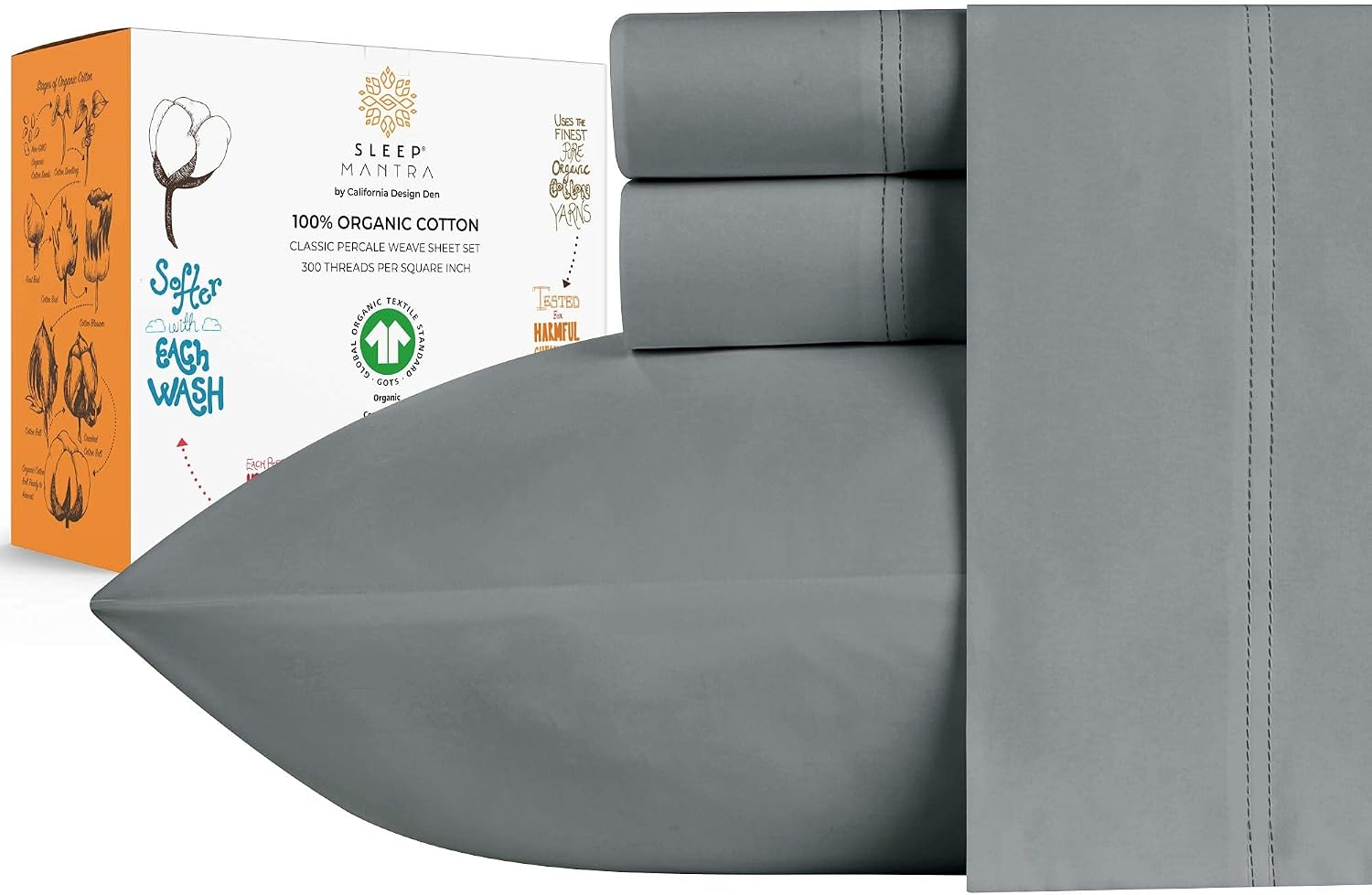Sleep Mantra Premium 100% Organic Cotton Queen Bed Sheet Set - Soft & Cooling Percale Weave - 4 Piece Bedding Set with Deep Pocket - GOTS Certified - Breathable & Eco-Friendly (Queen, Dark Gray)