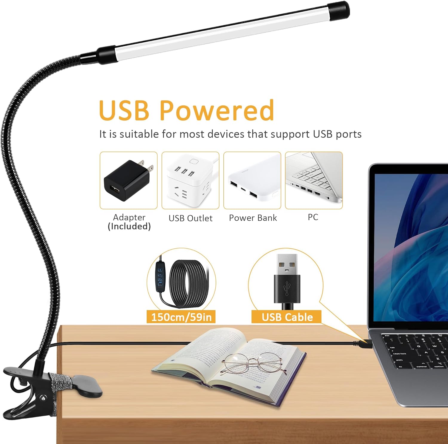 Akynite LED Clip on Light 8W Reading Lights for Books in Bed, Adjustable 3 Modes 10 Brightness Dimmable Clamp Lamp, Flexible Book Light Clip on for Bed Workbench Drafting, 580LM, USB Adapter Included