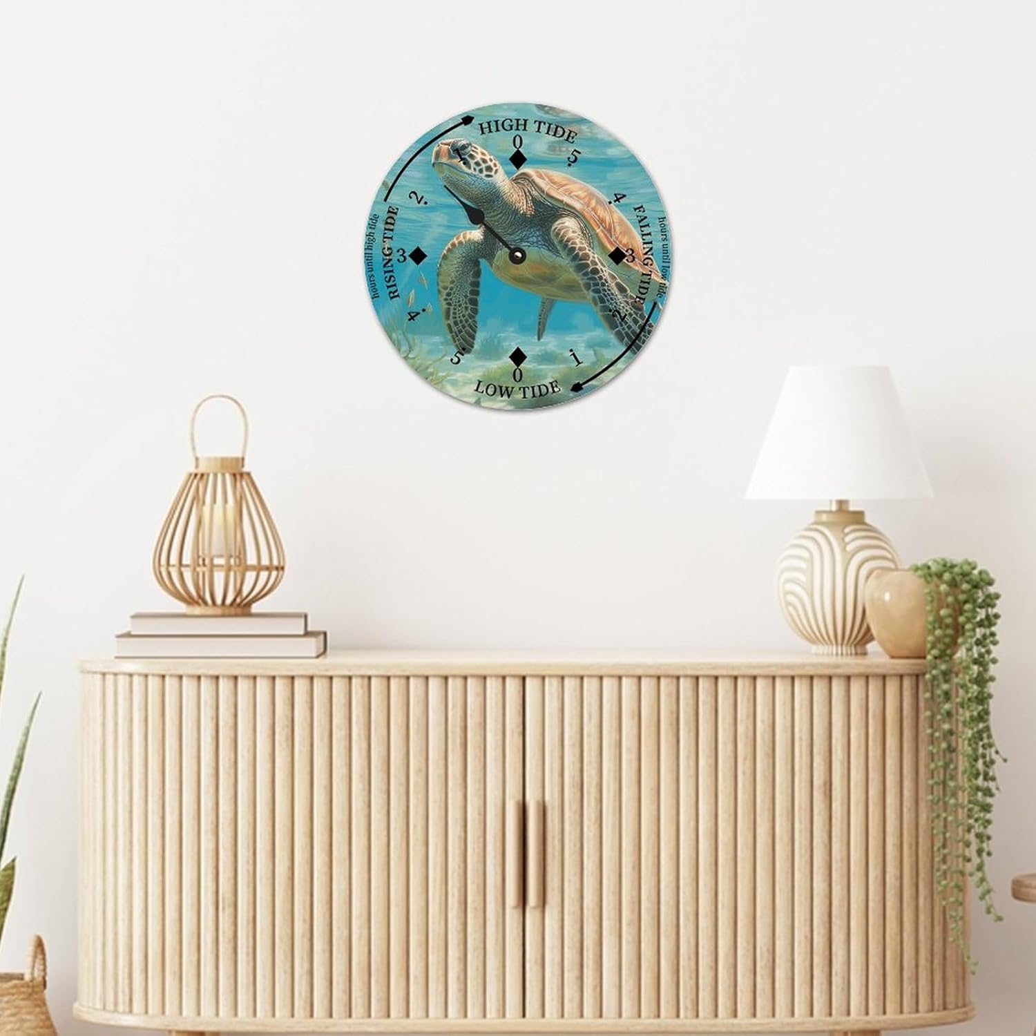 Cheyan Sea Turtle Tide Clock Silent Non-Ticking Battery Operated Wooden Moon Nautical Tide Movement Clock for Sailing Living Room Restaurant Home Decor Wood Wall Art 15x15 in