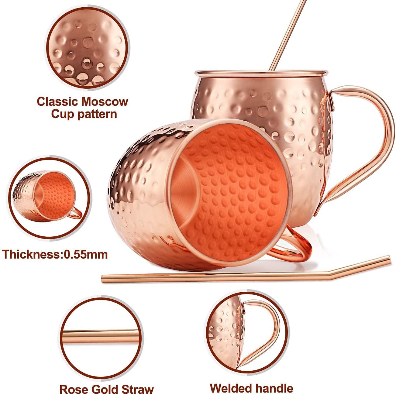 Black Friday - 40% OFF Moscow Mule Copper Mugs Beer Glasses, Set of 2, 16 oz, HandCrafted Food Safe Pure Solid Stainless steel Copper Beer Mugs Wine Tumbler Cups Glasses, xmas Gift Set With 2 Straws, Rose Gold