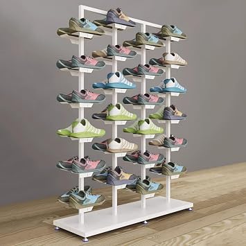 Commercial Double Sided Shoe Storage Rack, Holds 24 Pairs of Shoes, Retail Boutique Floor Standing Shoe Display Shelf, Creative Modern Metal Sneaker Basketball Shoes Organizer StandWhite 1