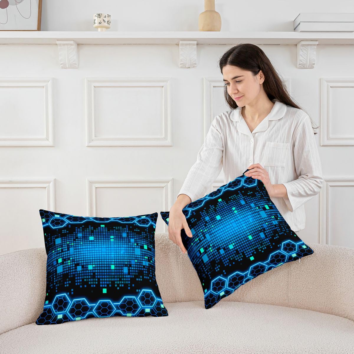 Paquete de 4 fundas de cojín hexagonales de panal de abeja azul neón, 45 x