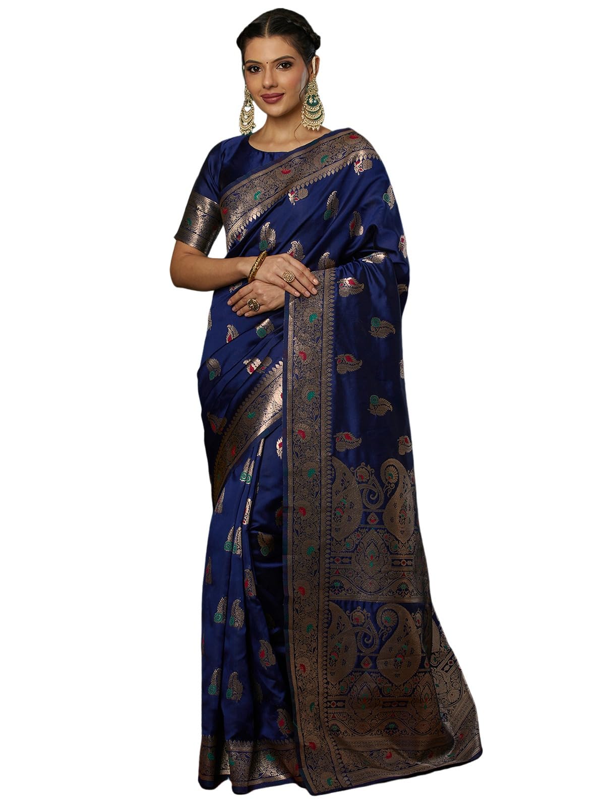 Satrani Women's Silk Blend Weaving Banarasi Saree With Unstitched Blouse Piece (4106S757N_Navy Blue2)