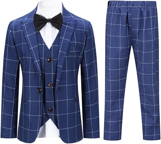 SWOTGdoby Boys Plaid Suits 3 Pieces Suit Set Blazer Vest Pants Formal 7 Colors for Wedding Party