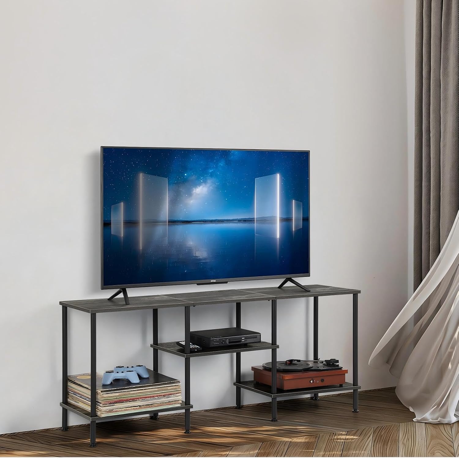 50 Inch TV Stand for Bedroom Dark Grey Entertainment Center with Storage 3 Tier TV Consoles for Living Room TV Media Console Table Cabinet with Open Storage Shelves for 50 43 40 32 Inch TV