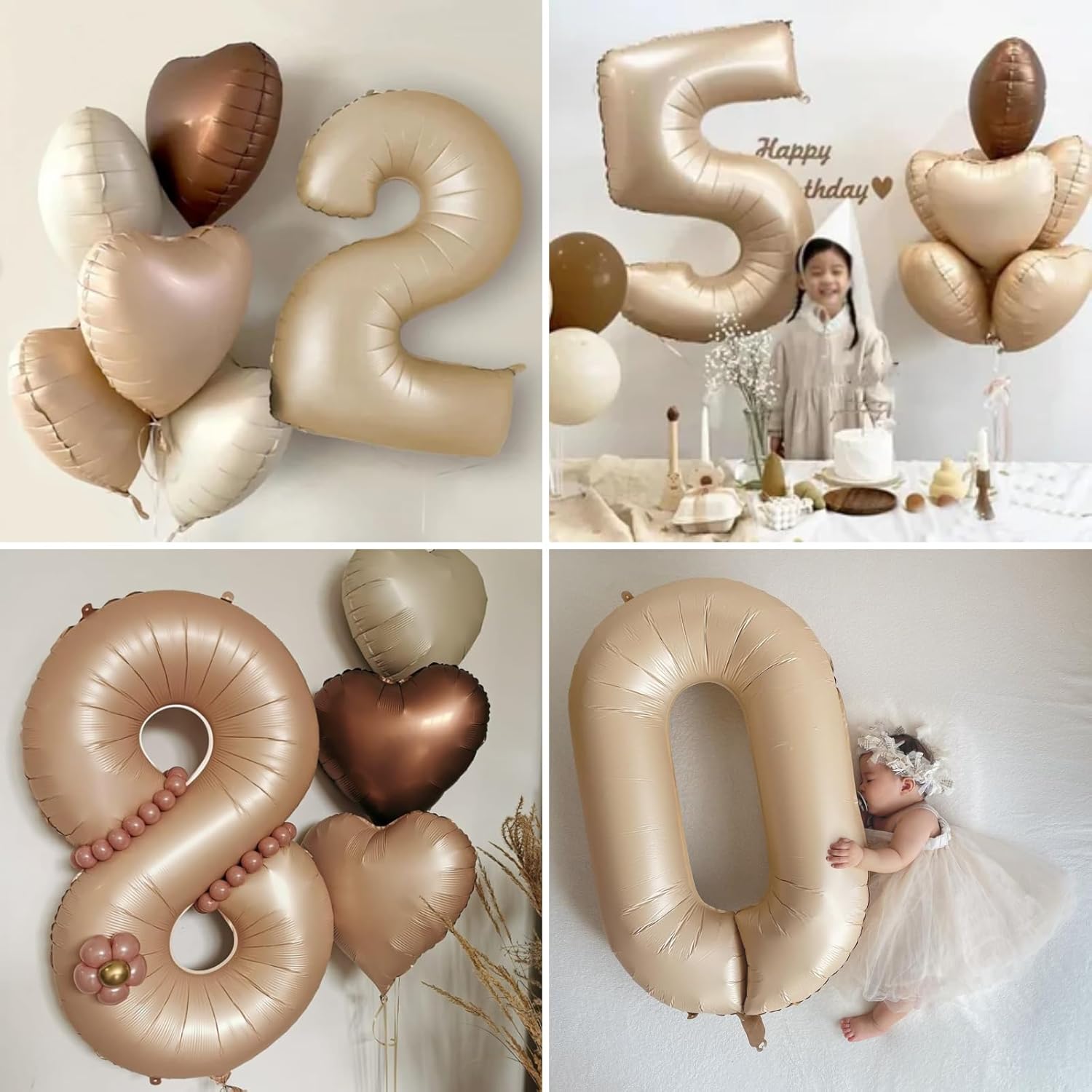 Biapian 40 Inch Light Brown Number 1 Balloon, Caramel Large Number One Balloon Digital with Cream Foil Heart Balloon for 1st Birthday Decorations first One Year Boys Girls Baby Shower Party Decor