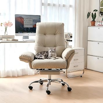 EMIAH Criss Cross Chair with Wheels and Flip-up Arms Office Chair with Foot Rest Reclining Desk Chair Comfy Wide Seat PU Leather Rolling Computer Home Office Chair Cream