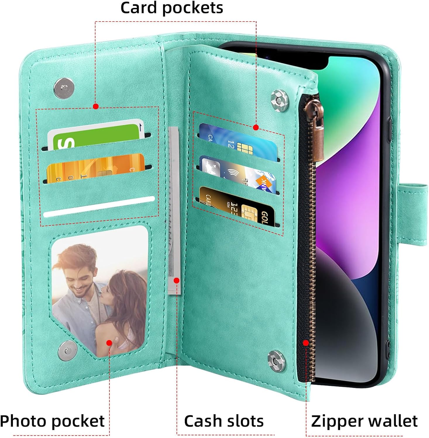 Asuwish Phone Case for iPhone 14 6.1 inch Wallet Cover with Tempered Glass Screen Protector and Flower Leather Flip Credit Card Holder Stand Cell iPhone14 5G i i-Phone i14 iPhone14case Women Men Green image 5