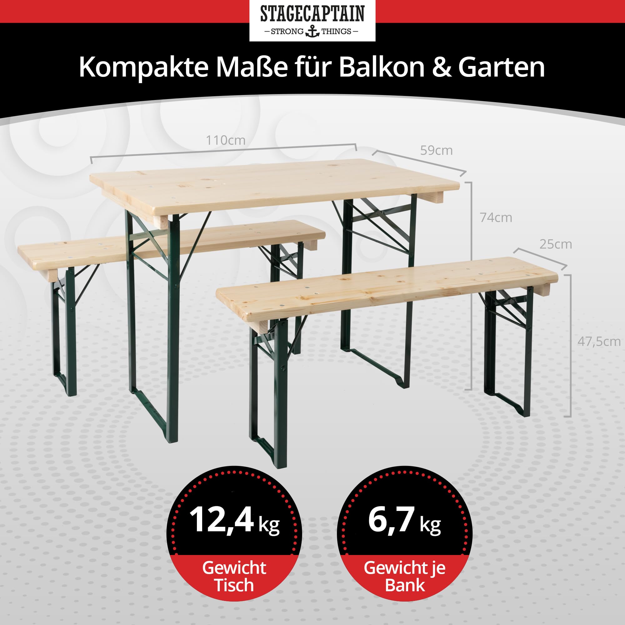 Stagecaptain BBEU-110NT zestaw do namiotu piwnego na balkon – wersja krótka o długości 110 cm – składany zestaw do namiotu biesiadnego, 2 x stół 4 x ławka – zestaw mebli do siedzenia z drewna – do