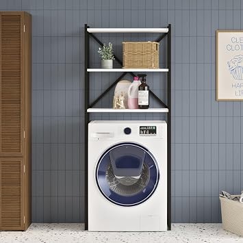 Over Washing Machine Storage Shelf   3 Tier Bathroom & Laundry Rack,l & Engineered Wood, Space Saving, Waterproof, Freestanding Unit, Walnut, Black, White White