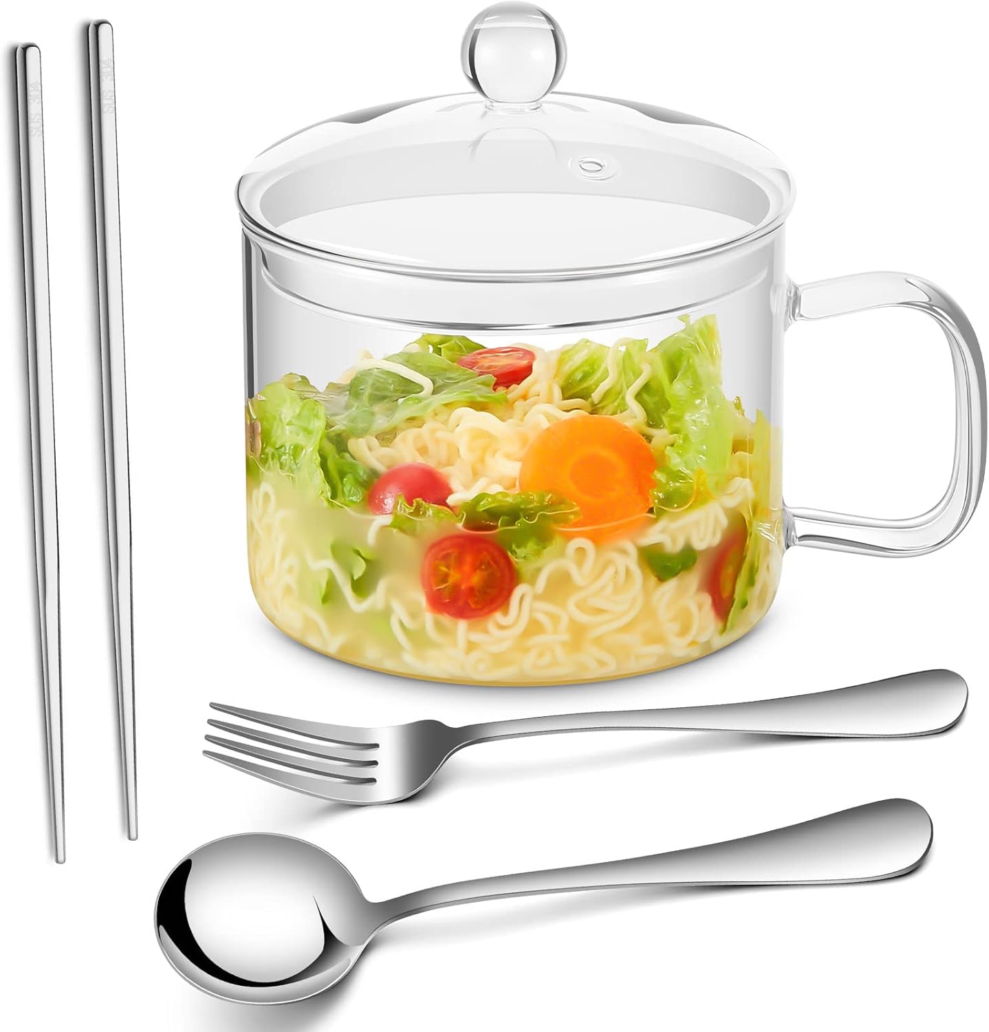44 FL OZ/ 1.4 L Glass Cooking Pot with Lid and Handle, Chopsticks Spoons and Forks Set, Heat Resistant Borosilicate Glass Pot Clear Ramen Bowl for Pasta Noodle, Soup, Tea, Milk, Microwave Safe