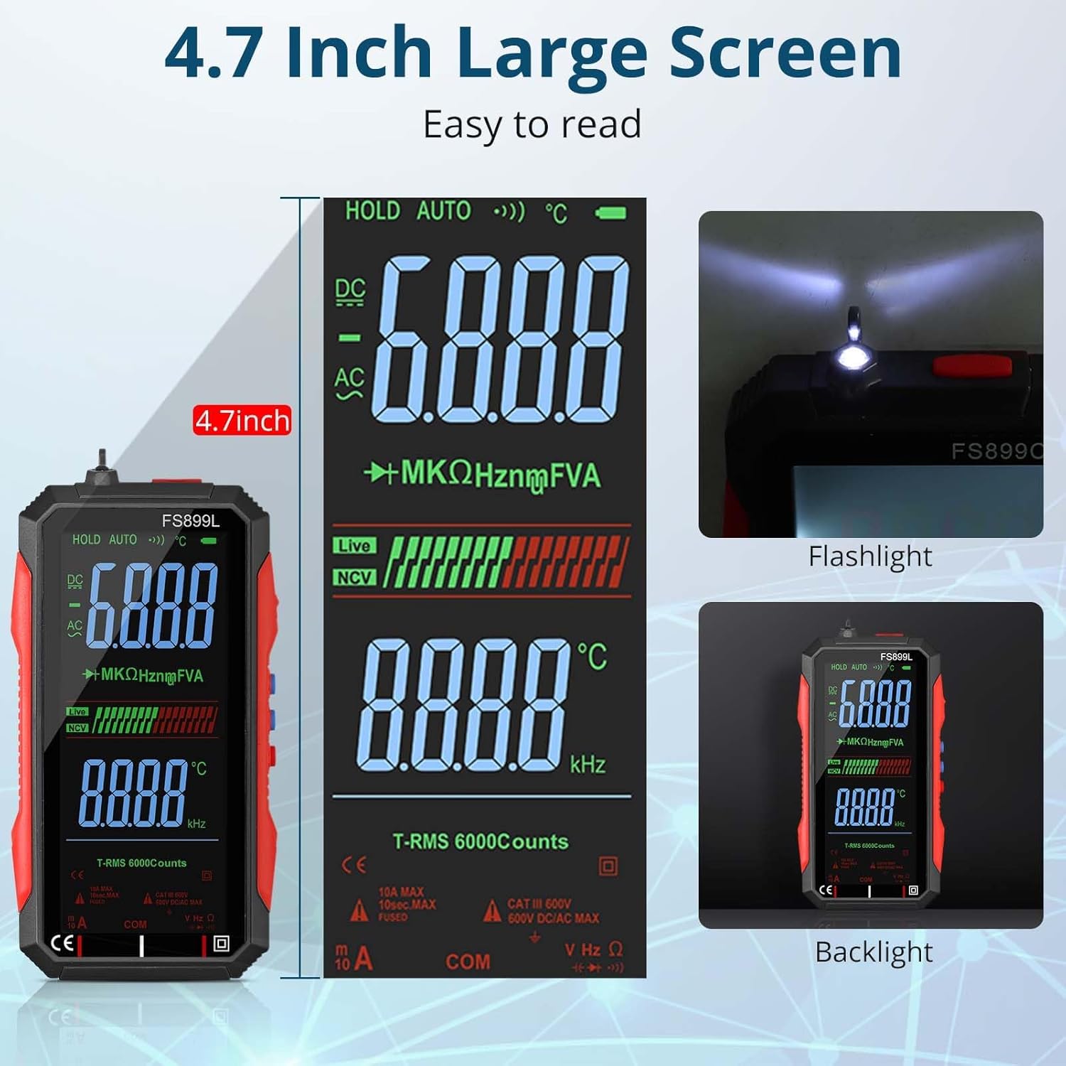 ALLmeter FS899L Digital Smart Multimeter showing its 4.7-inch large screen for easy reading, with insets demonstrating the built-in flashlight and the backlit display feature.