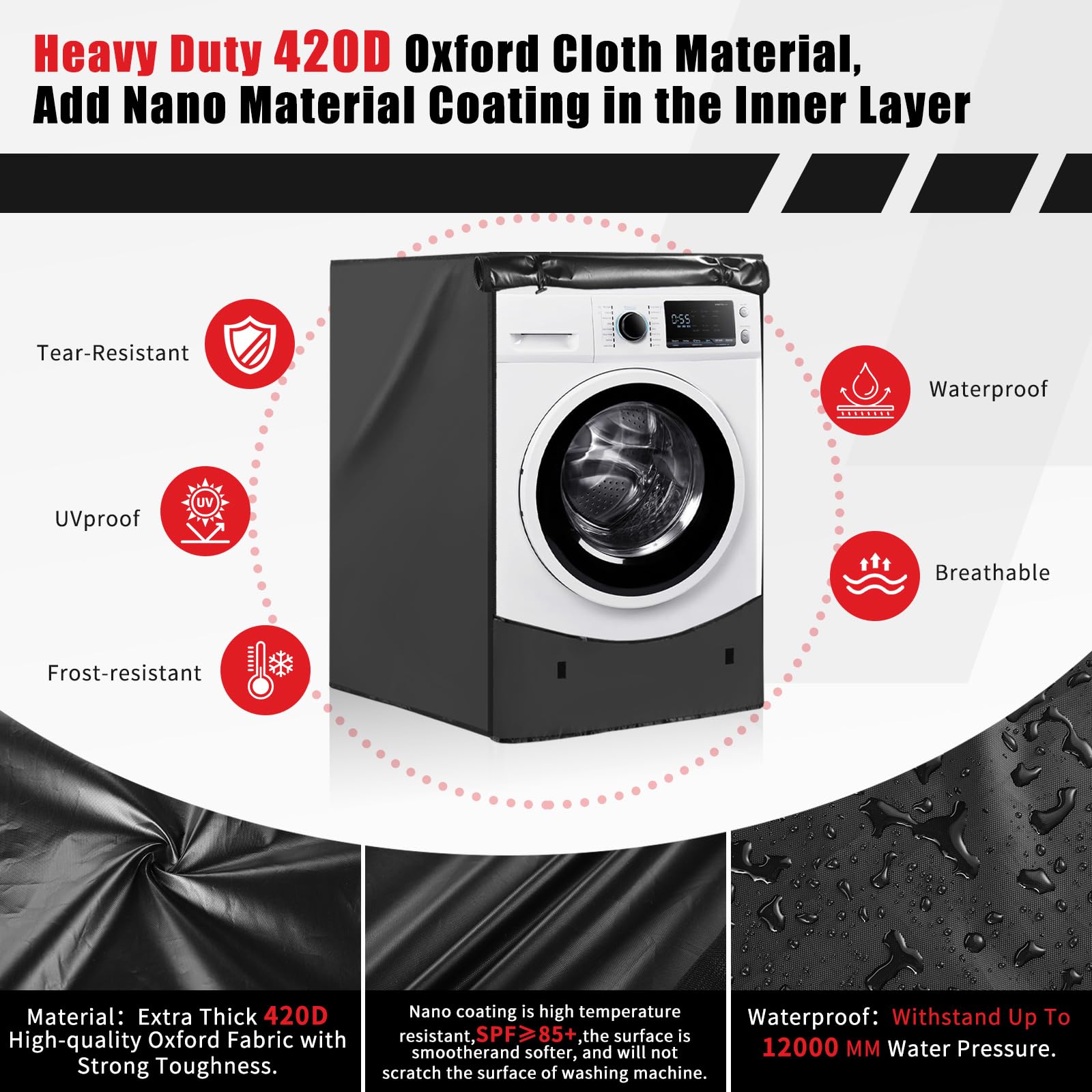 Lot de 2 housses de machine à laver à chargement frontal en tissu Oxford 420D très résistant pour lave-linge et sèche-linge