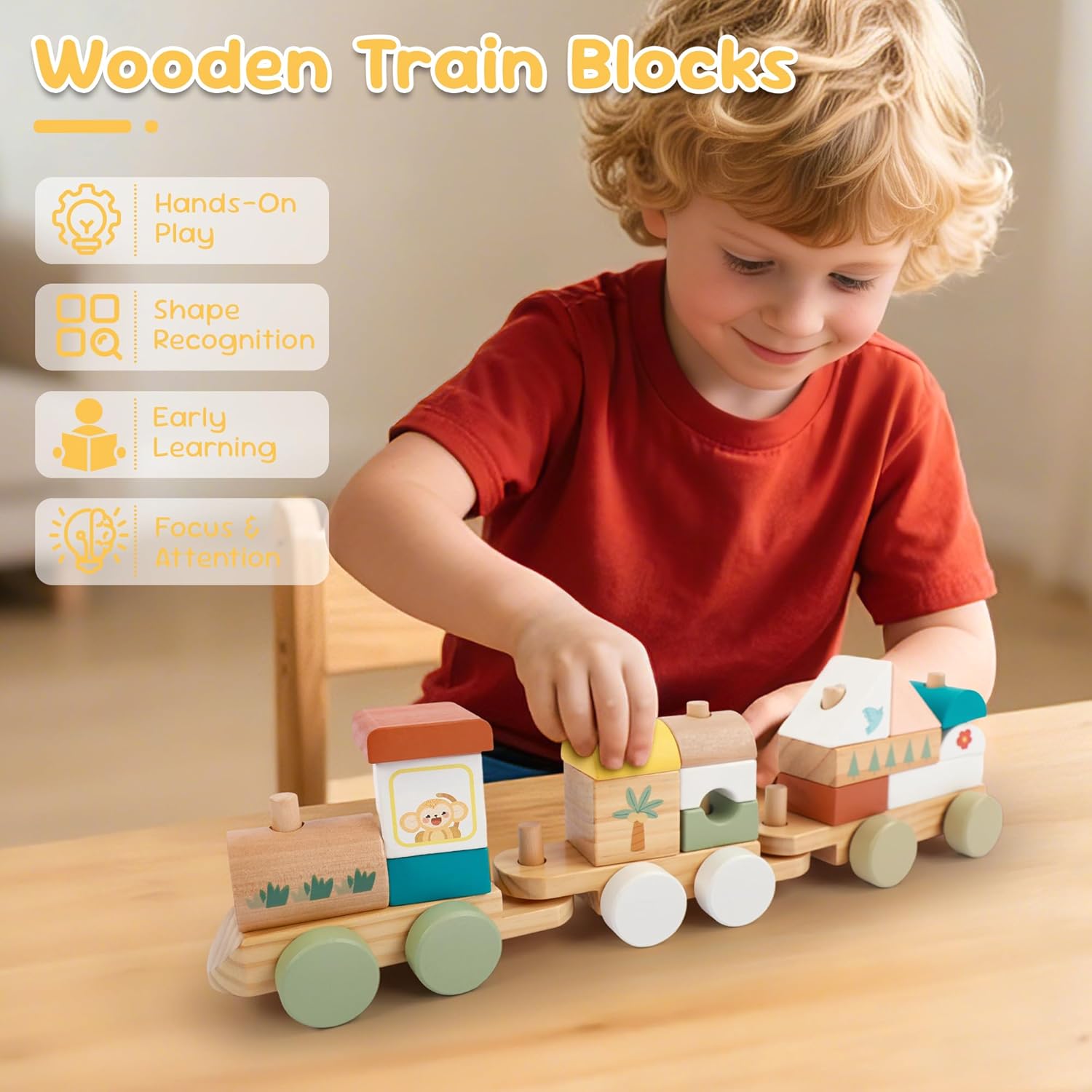 Freniland Solid Wood Block Train Set – 3-Car Premium Buildable Train with 18 Wooden Blocks, Montessori Stacking & Rolling Learning Toy for Toddlers 18M+, Heirloom Quality Gift