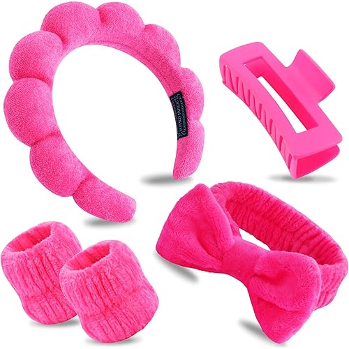 Canitor Spa Headband Wrist Bands Set with Hair Clips Skincare Skin Care Makeup for Washing Face Hot Pink Gifts for Women Preppy Tween Teen Girl Cute Trendy Stuff