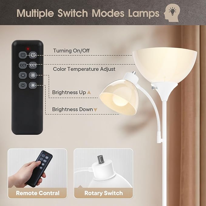 GERGO GERGO Led Floor Lamp, Super Bright 11W+7W 2100LM Torchiere Floor Lamps for Living Room, Stepless Adjustable 3000K-6000K Temperatures with Remote Control for Bedroom (White) photo 3