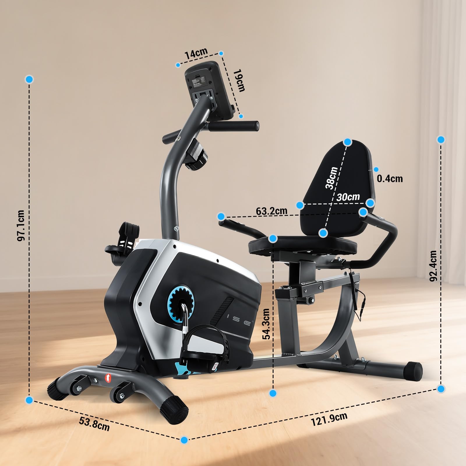 ISE Liegeergometer für Zuhause mit 8 verstellbaren Widerstandsstufen, Heimtrainer Fahrrad mit Pulssensoren und LCD-Display, Liegerad Heimtrainer mit verstellbarer Rückenlehne