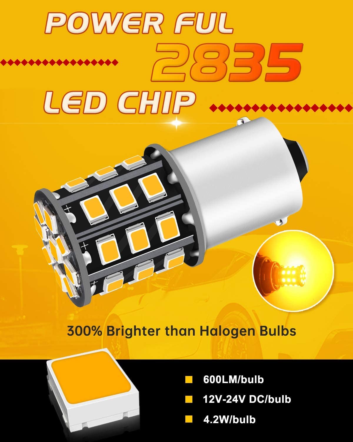 Defvnsy Ampoule LED P21W 1156 BA15S, Extrêmement Brillant Jaune 12V-24V DC Pas Polarité 1141 1003 7506 Ampoules Clignotant, 33SMD 2835 Remplacement Ampoule Voiture pour Feu Arrière, Clignotant Latéral