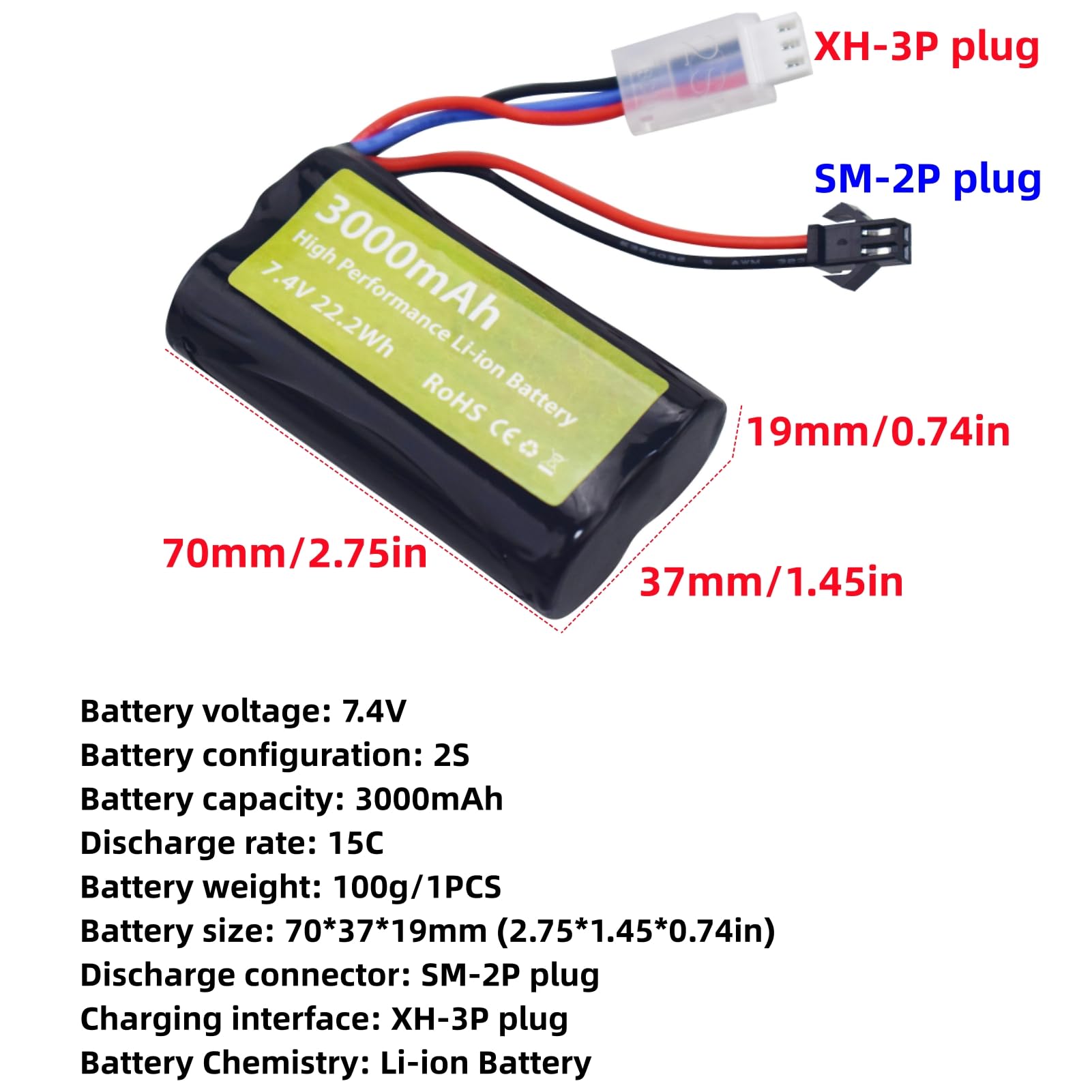 2PCS 7.4V 3000mah 15C 2S Batterie Lithium-ION Prise SM-2P et 1PCS Chargeur 2 en 1 pour H105 H103 H101 Télécommandé MN D99 D99s D90 D91 Véhicule RC Véhicule Batterie de véhicule