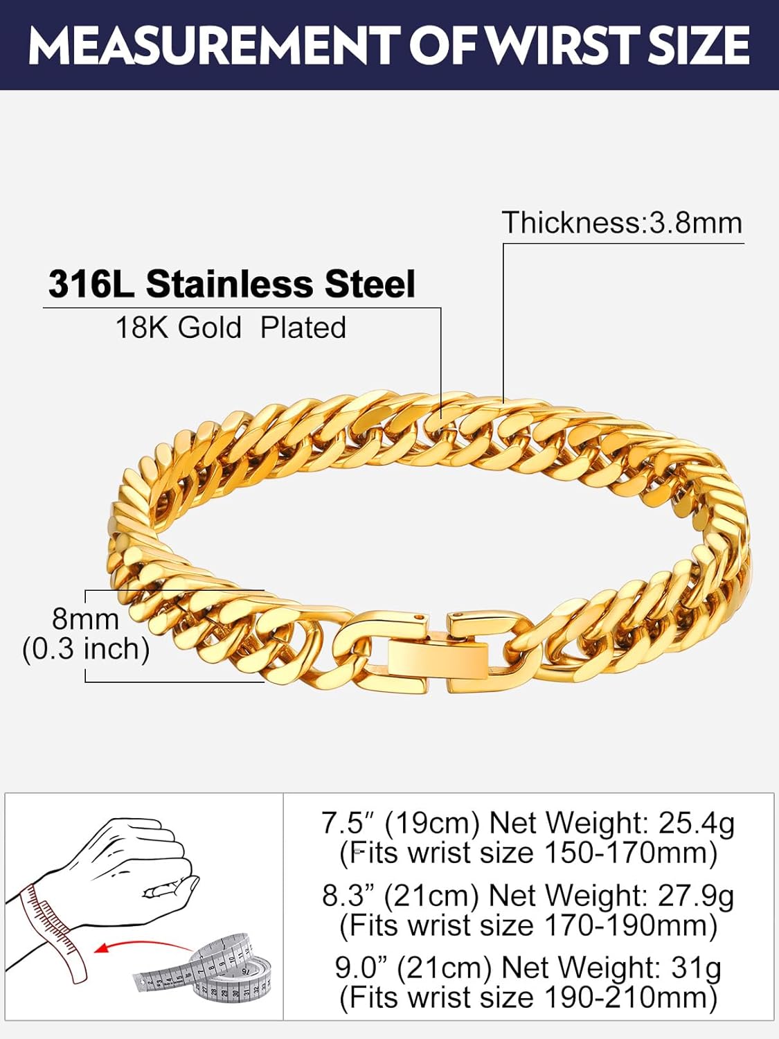 Bandmax Cuban Chain Bracelets for Men Women, Stainless Steel/Black/Gold Plated Hip Hop Chunky Miami Curb Link Wristlet Bracelet Gift for Son Grandson Husband Father - Image 6