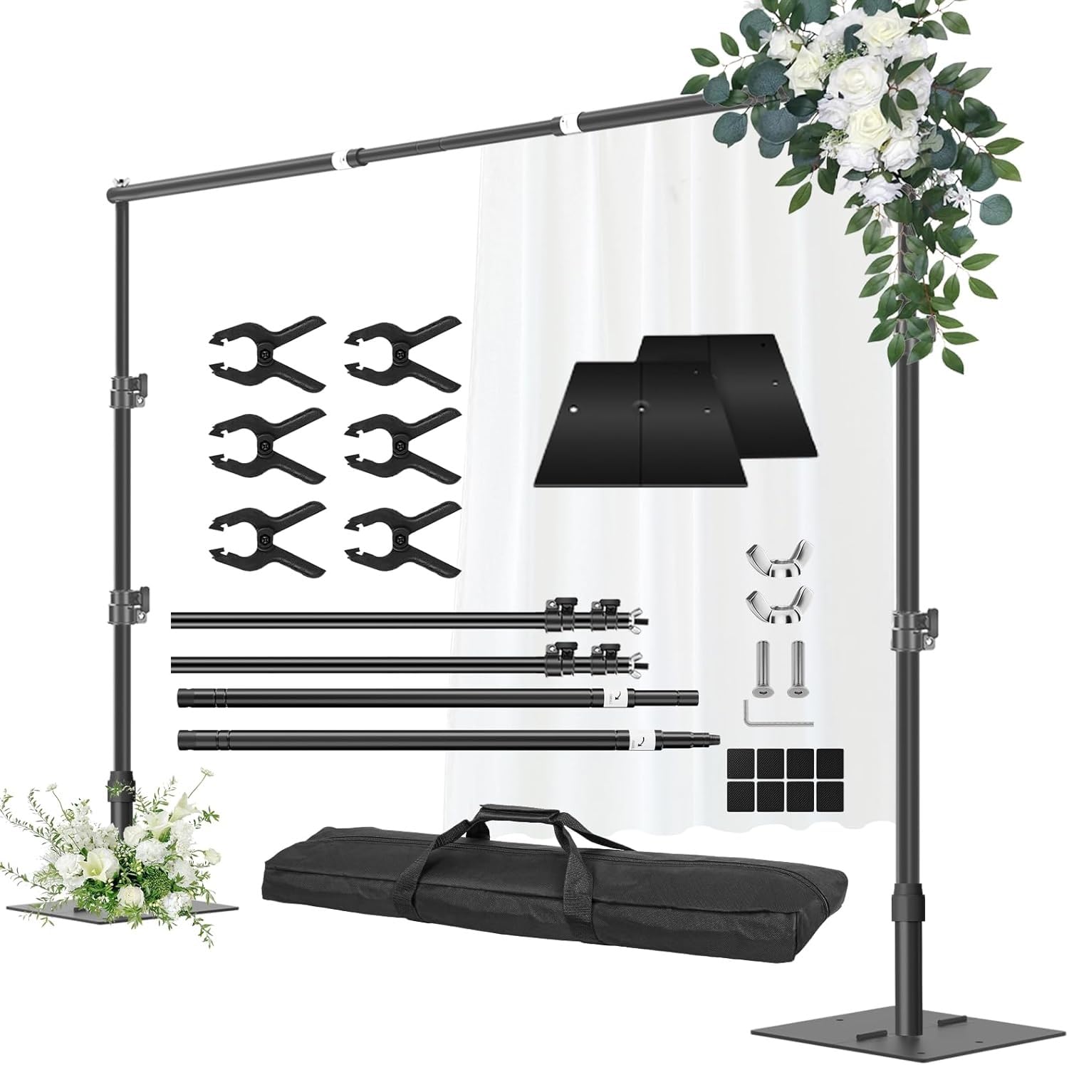 Support de Toile de Fond Robuste 2 m x 3 m avec Base en Métal | Réglable, 6 Pinces, Sac de Transport, Studio Vidéo, Mariage, FêTe
