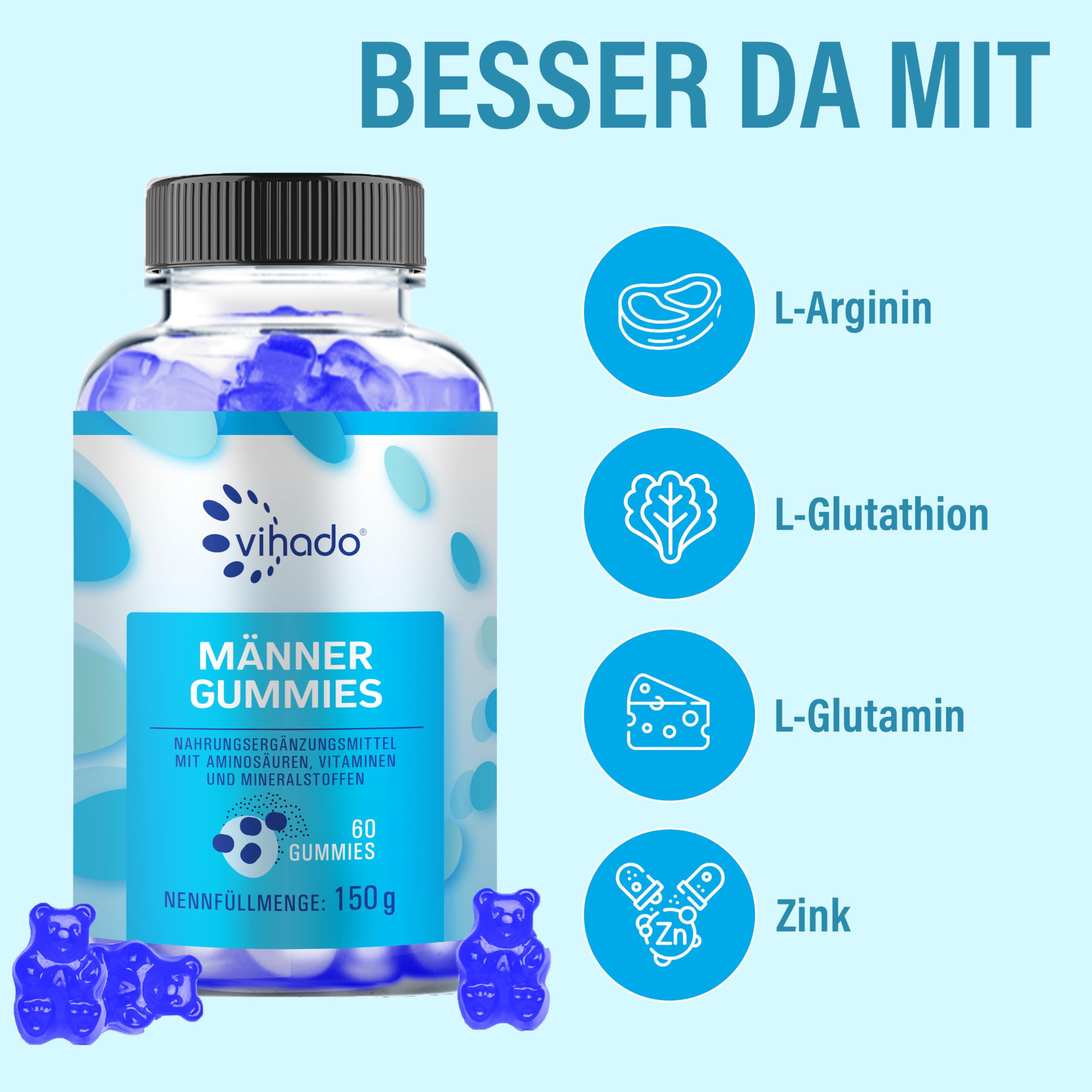 Vihado blaue Männer Gummies - Extra starke sofort Rezeptur hochdosiert - mit L-Arginin, L-Glutathion, L-Glutamin, 60 Gummies
