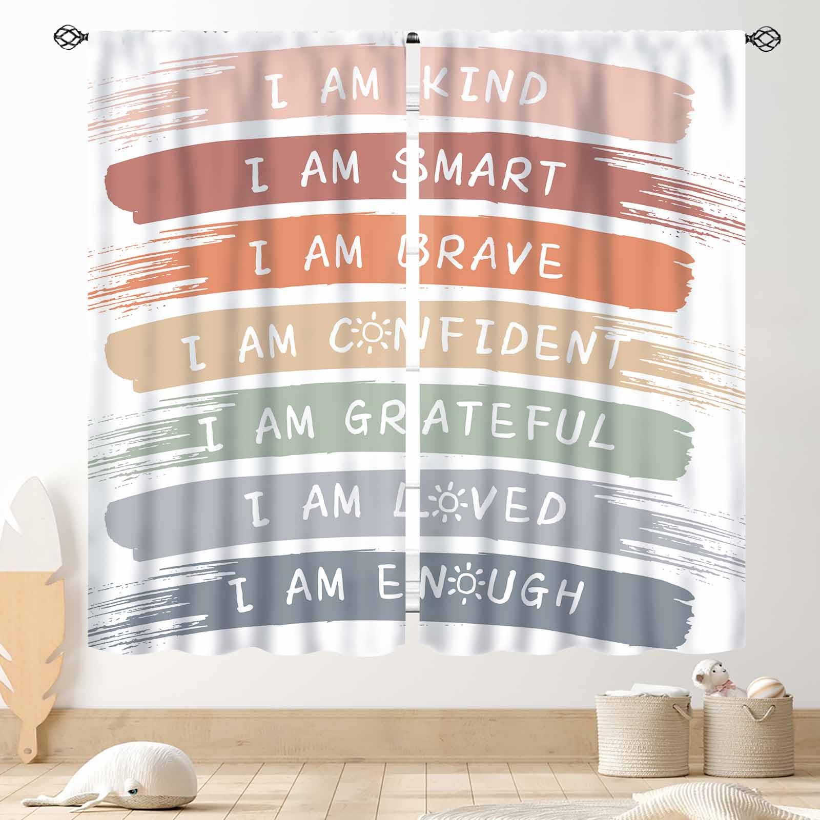 Rainbow Curtains for Classroom, Kids Girls Baby Boho Cute Inspirational Motivational Quotes Cartoon Colorful Pastel Nursery Classroom Bedroom Living