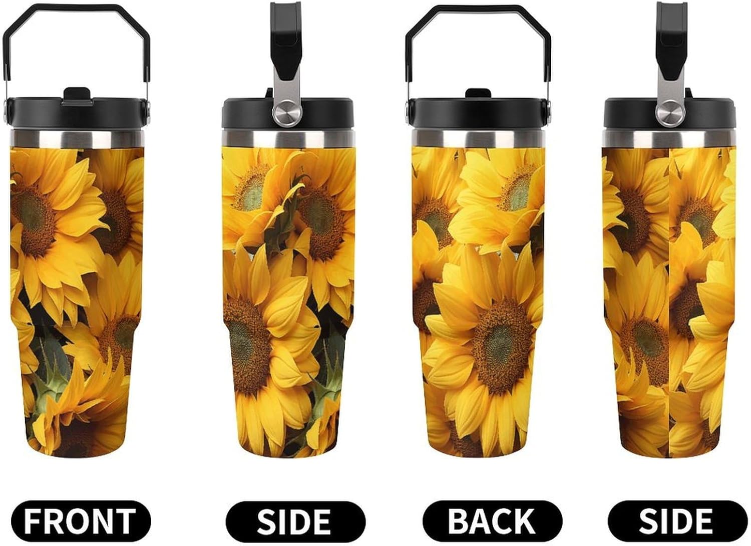 30oz Insulated Tumblers with Top Handle, Stainless Steel Many Sunflowers Car Cup with Straw for Gift, Leak-Proof Double Wall Vacuum Travel Mug, Personalized Water Bottles Black