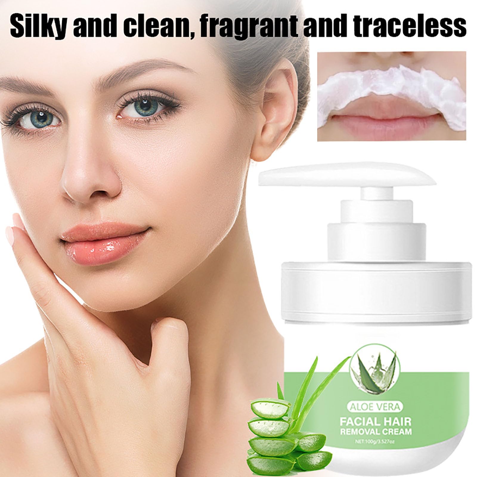 Crema depilatoria facial, crema depilatoria facial de aloe vera para mujeres para labio superior y mentón para mujeres, removedor de vello de aloe para piel sensible al cuerpo, suave y no irritante 2