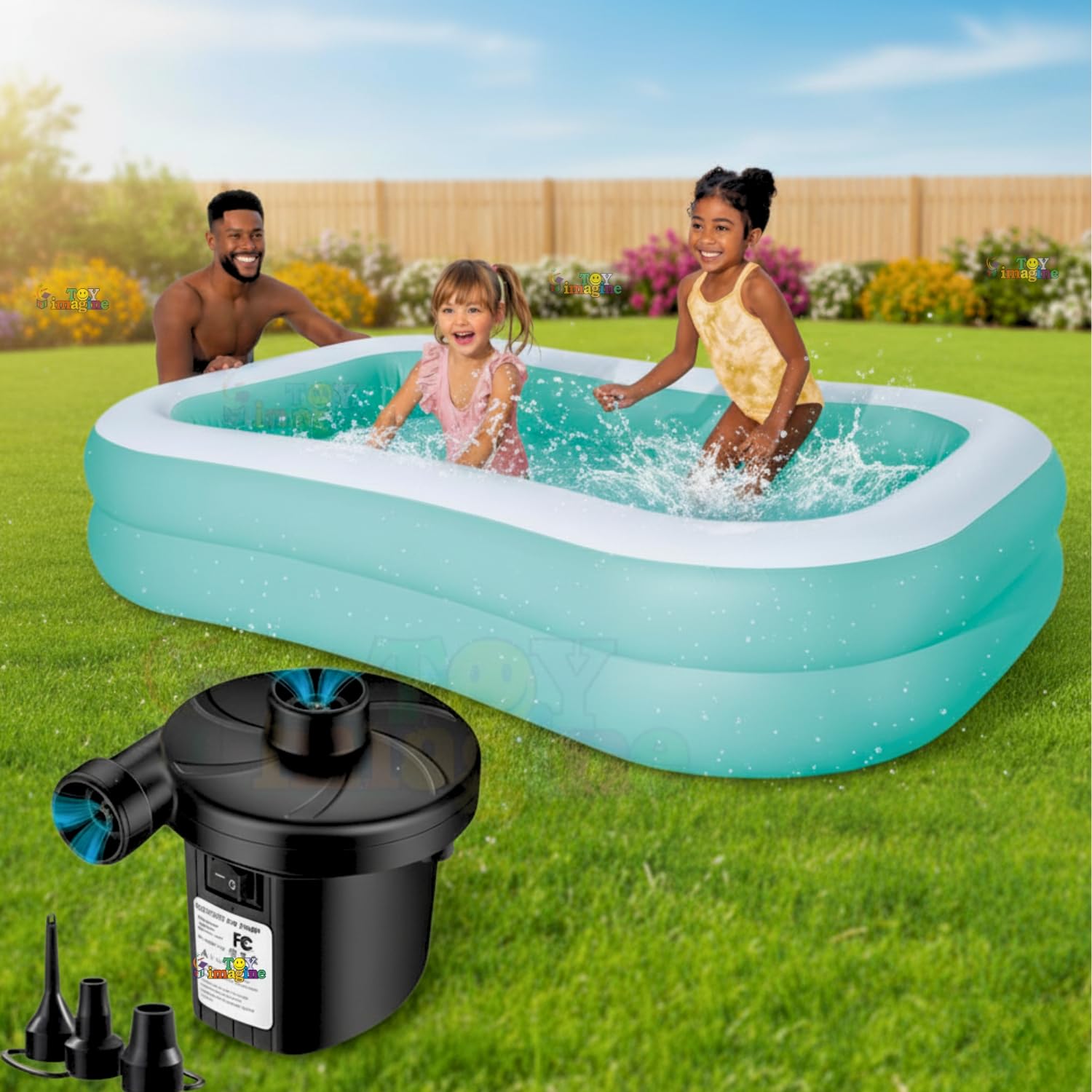 Toy Imagine Mandarin Swim Center 2-Ring Family Pool Inflatable Holi Swimming Pools Large Family Swimming Pool for Backyard, Inflatable Bath Pool for Adults & Kids with Quick Fill Air Electric Pump