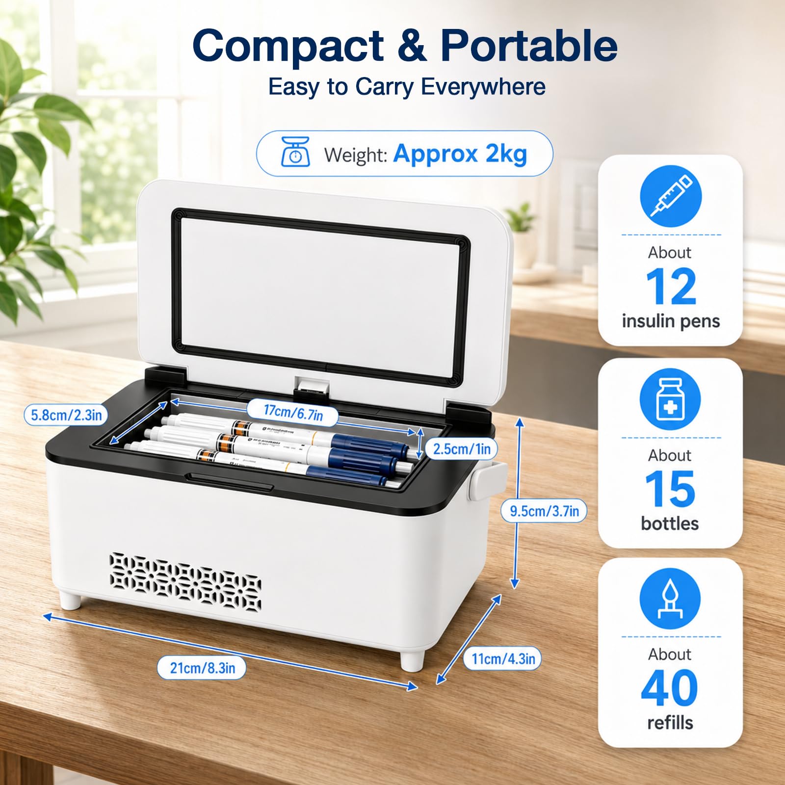 Insulin Kühlbox Elektrisch, Tragbare Insulin Kühlbox mit LCD-Temperaturanzeige und 2 X 13600mAh Akku (mit Griff) für 12 Pensn, 2–8 °C Einstellbar für Auto, Reisen und Außenbereich(Weiß)