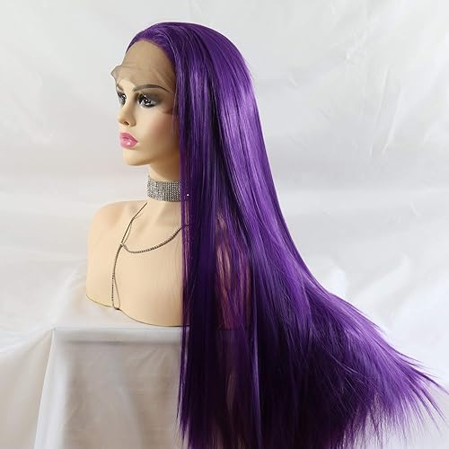 Miniatura 2 de Lucyhairwig - Pelucas rosa magenta para mujer, peluca de encaje frontal de cabello sintético, largo y lacio, fibra resistente al calor, 24 pulgadas