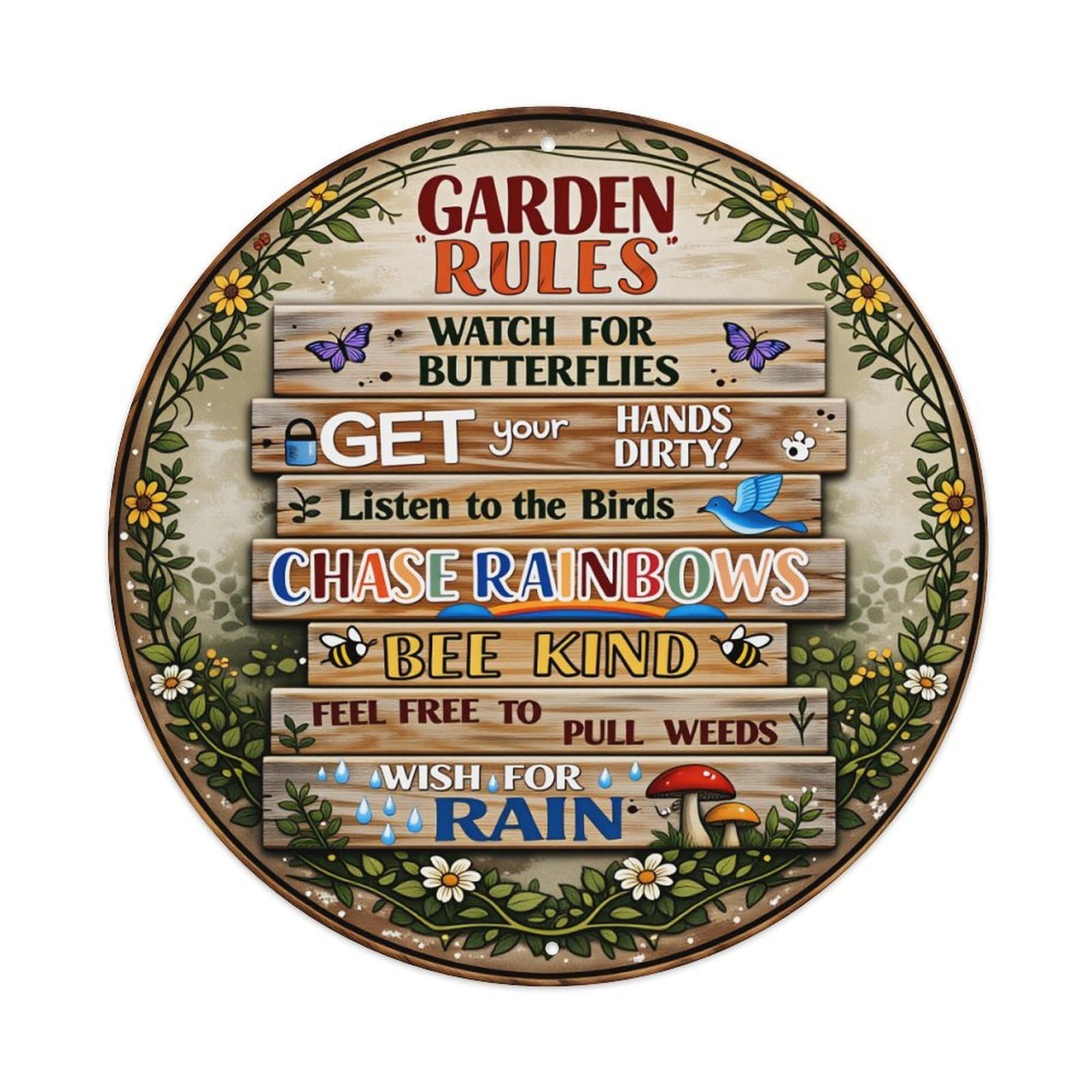 Garden Rules Wooden Style Plaque Decor Round Tin Sign Vintage Style Metal Sign Home Bar Garden Wall Plaque Decor Metal Poster 8x8 Inch
