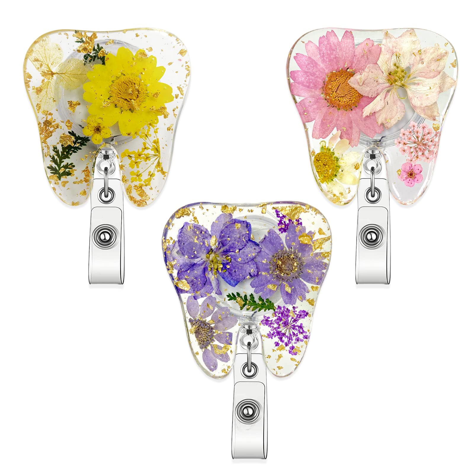 3 Carretes De Insignia De Flores Retráctiles, Lindos Dientes Secos De Resina, Carretes De Insignia De Enfermera, Con Forma De Diente Floral, Soportes De Identificación Con Clip Para Médicos