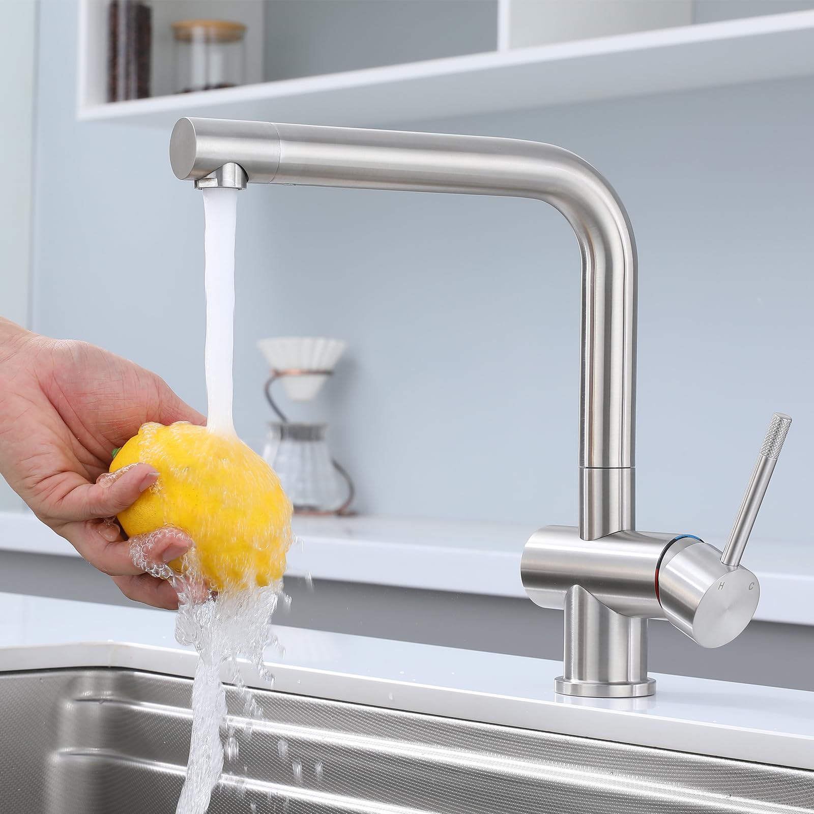 Wasserhahn Küche Edelstahl Küchenarmatur mit L-förmigem 360° Schwenkauslauf einhebelmischer küche, Drehbare Düse,wasserhahn für küche